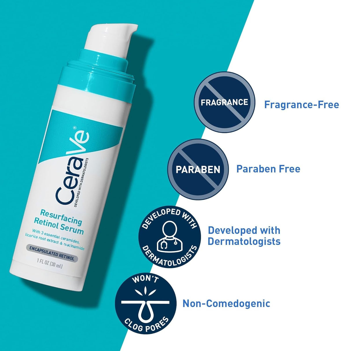 Cerave Resurfacing Retinol Serum for Post Acne Marks, Formulated with Licorice Root Extract & Niacinamide, Brightening Serum & Pore Minimizer for Face, Post Acne Skin Barrier Repair, Non-Comedogenic