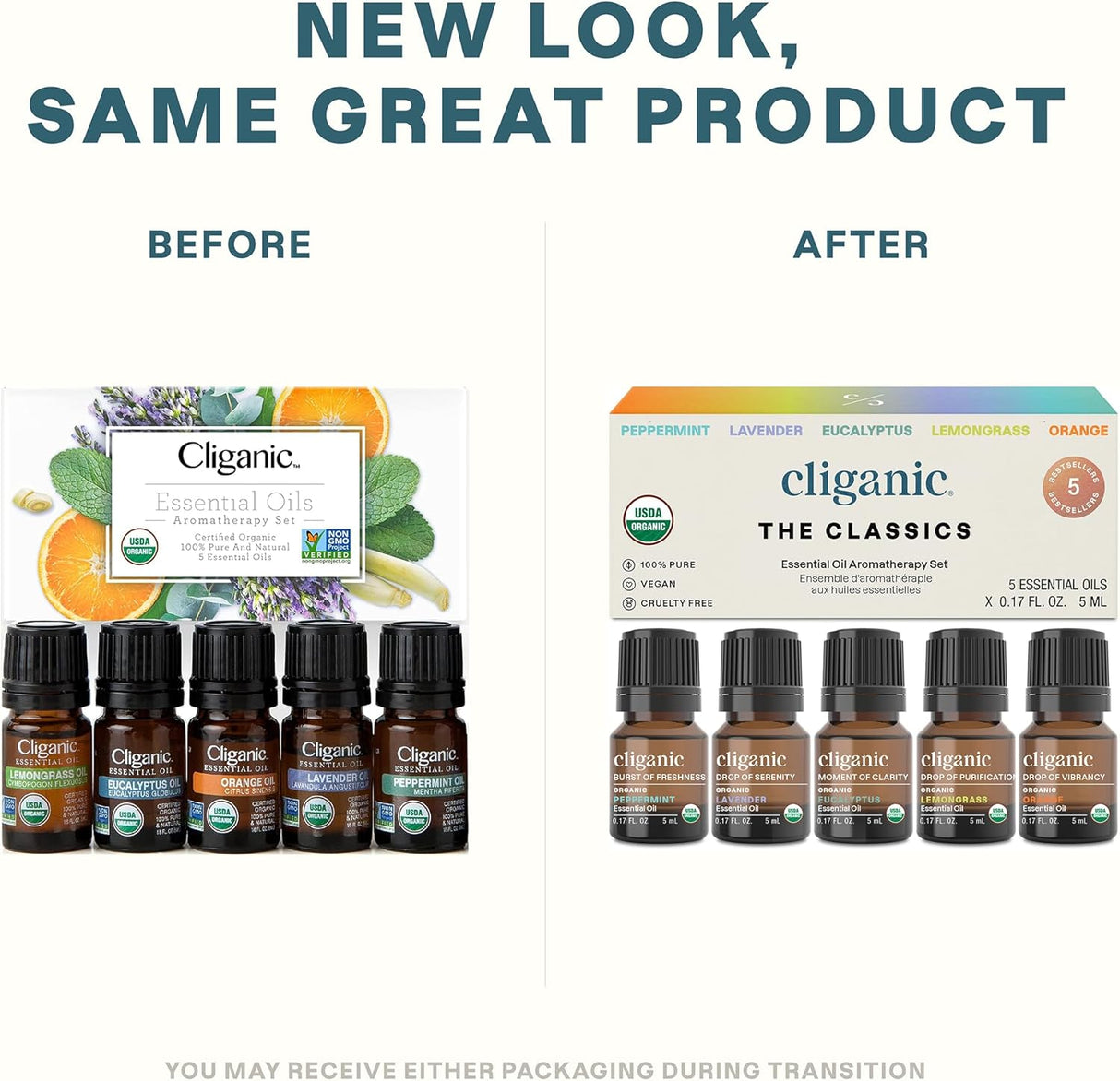 Cliganic Organic Essential Oils Set (Top 5) - 100% Pure Natural - Aromatherapy, Candle Making - Peppermint, Lavender, Eucalyptus, Lemongrass & Orange (Packaging May Vary)