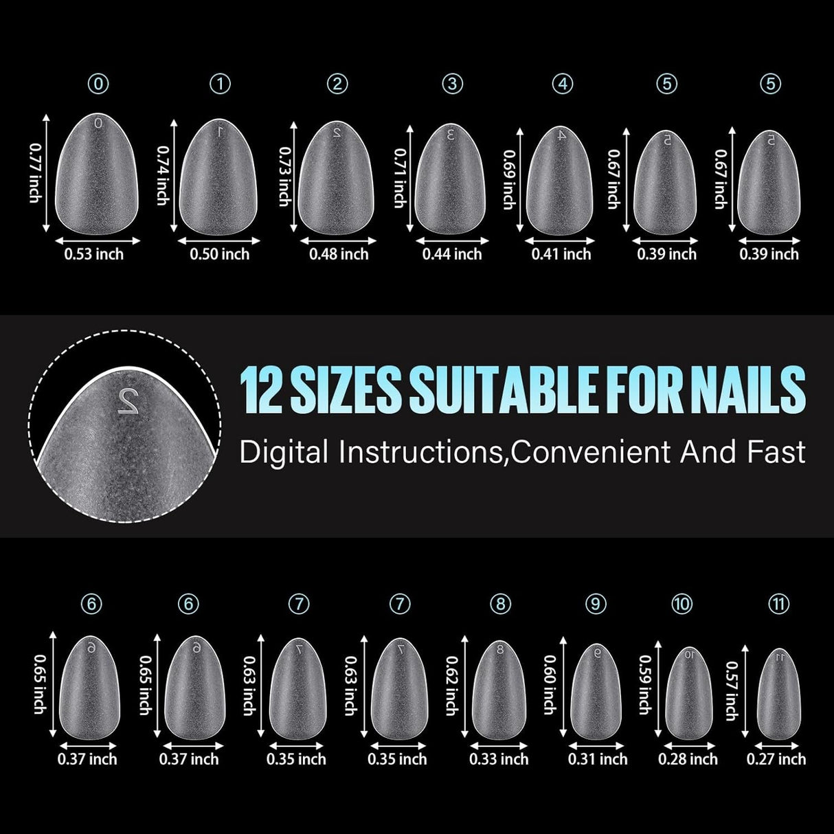 TOMICCA Short Almond Gel X Tips - Almond Shape Acrylic Nail Tips, Soft Gel Nail Tips Full Cover Nail Extensions 240Pcs for Beginner and Professional 12 Sizes