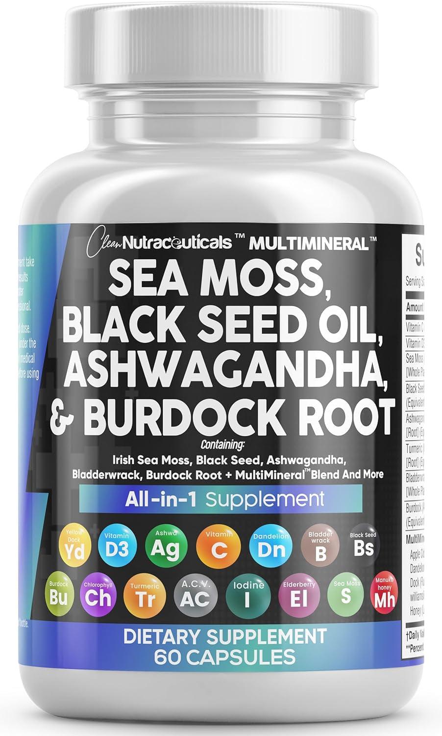 Sea Moss 3000Mg Black Seed Oil 2000Mg Ashwagandha 1000Mg Turmeric 1000Mg Bladderwrack 1000Mg Burdock 1000Mg & Vitamin C & D3 with Elderberry Manuka Dandelion Yellow Dock Iodine Chlorophyll ACV - Supply Center USA