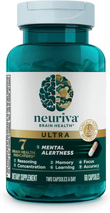 NEURIVA Ultra Decaffeinated Clinically Tested Nootropic Brain Supplement for Mental Alertness, Memory, Focus & Concentration, Cognivive, Neurofactor, Phosphatidylserine, Vitamins B6 B12, 60 Capsules - Supply Center USA