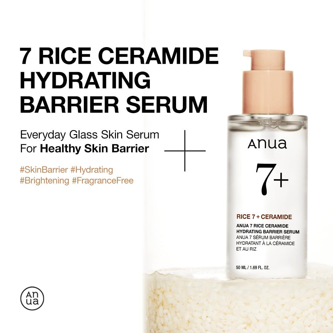 ANUA RICE CERAMIDE 7 HYDRATING BARRIER SERUM, Brightening, Hydrating Serum for Face, Rice, Hyaluronic Acid, Niacinamide, Fragrance-Free, Non Comodogenic, Glass Skin, Korean Skin Care, 50Ml/1.69Fl.Oz.