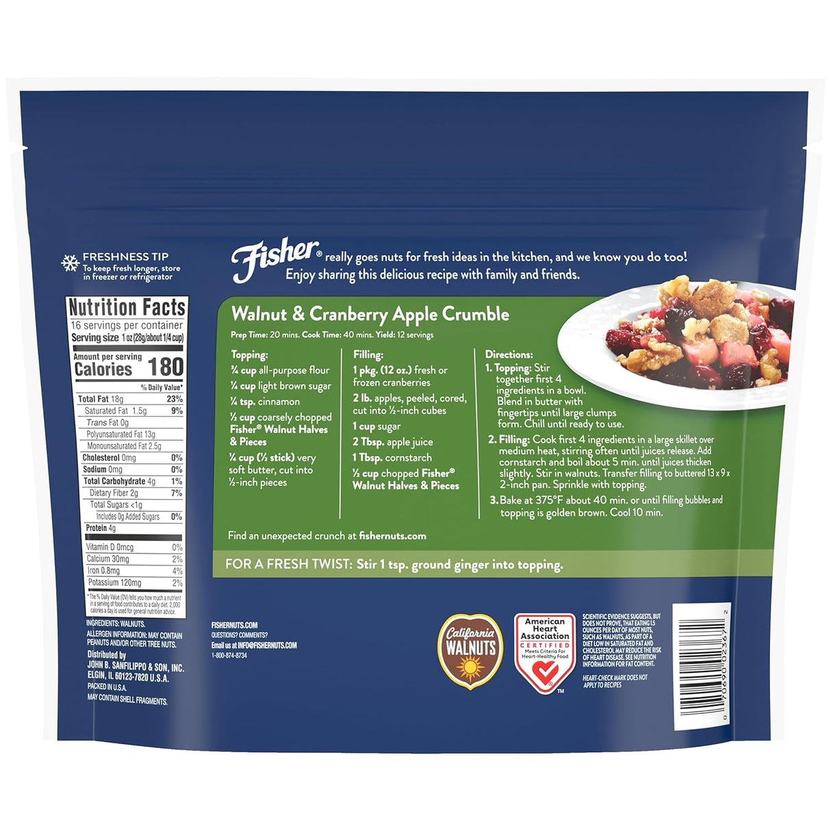 Fisher Chef'S Naturals Walnut & Pieces, Naturally Gluten Free, No Preservatives, Non-Gmo, Halves, 16 Oz