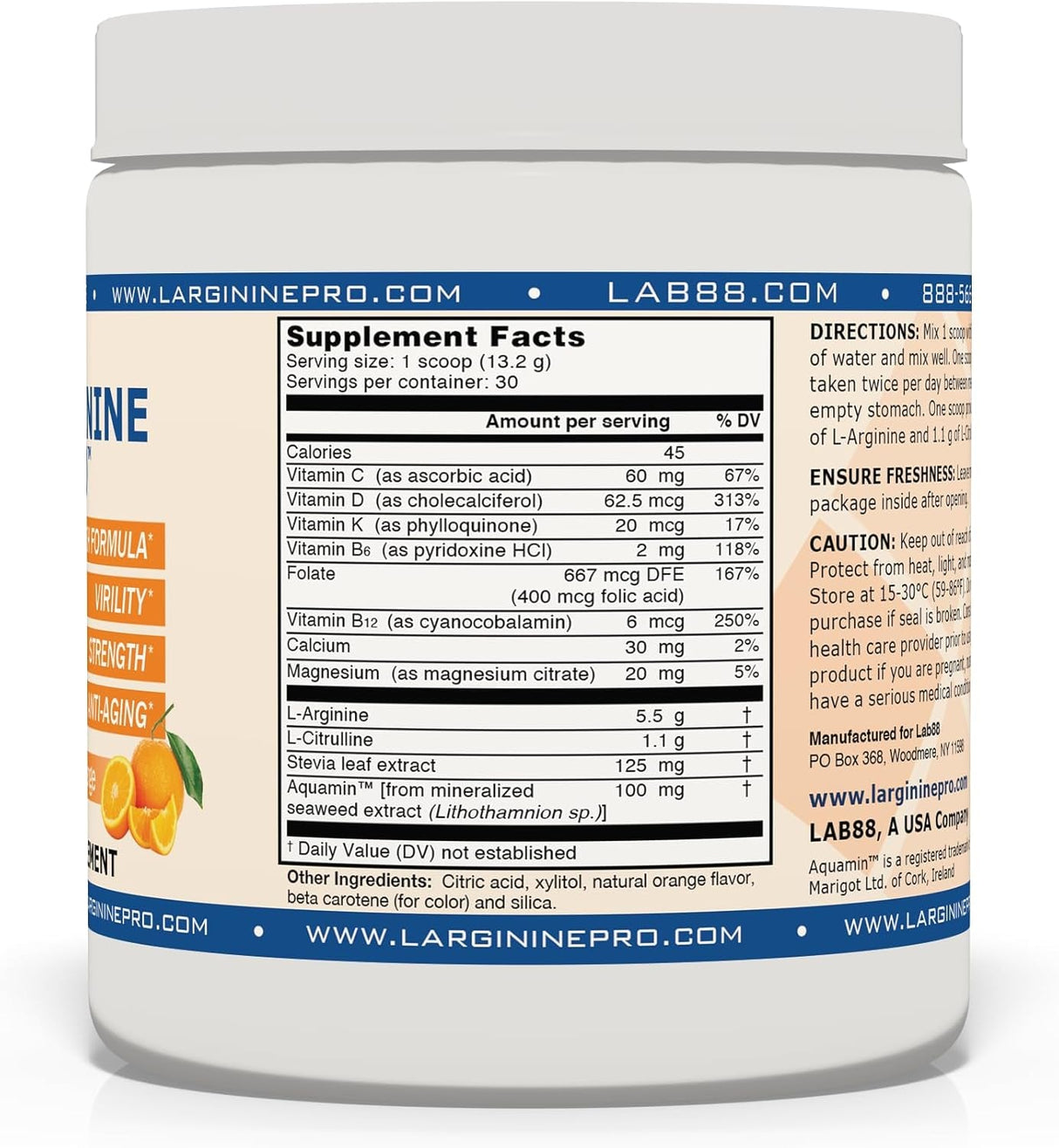 L-ARGININE PRO | L-Arginine Supplement Drink Mix Powder | 5,500Mg of L-Arginine plus 1,100Mg L-Citrulline (1, Orange)