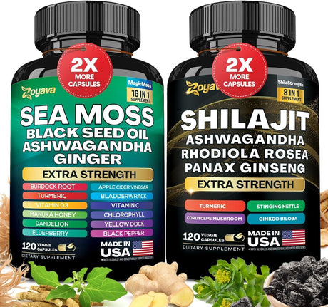 Dynamic Vitality Bundle - Sea Moss 7000Mg, Black Seed Oil 4000Mg, Ashwagandha 2000Mg, Ginger & Shilajit 9000Mg, Rhodiola Rosea 1000Mg, Panax Ginseng 1500Mg, All in 1 Supplements (60 Count) - Supply Center USA