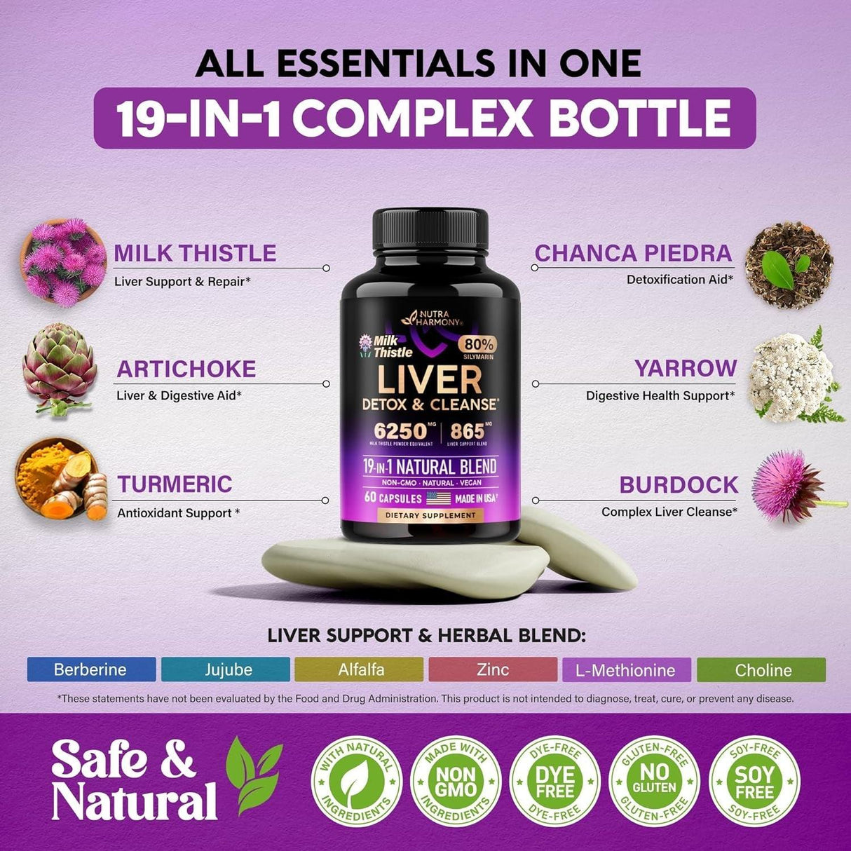 Liver Cleanse Detox & Repair | Renew & Support Supplement - 19 in 1 W/ Milk Thistle 6250 Mg | Dandelion | Artichoke Extract | Beet Root | Chanca Piedra - 80% Silymarin - Made in USA, Vegan 60 Capsules - Supply Center USA