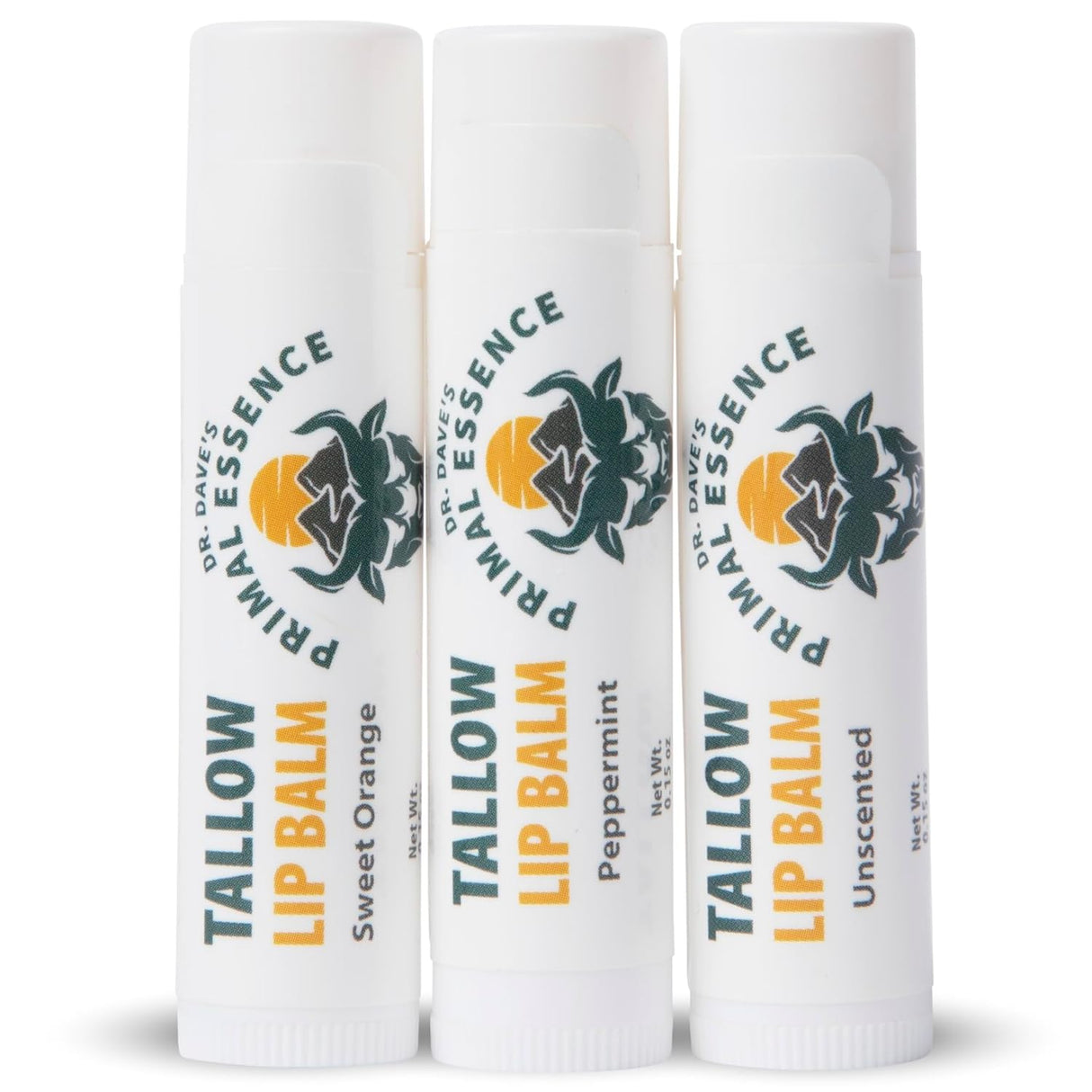 Dr. Dave'S Primal Essence Moisturizing Tallow Lip Balm - Nourishing and Soothing Grass Fed Beef Tallow with Organic Coconut Oil, Beeswax, and Vitamin E - Sweet Orange Lip Balm, 3-Pack