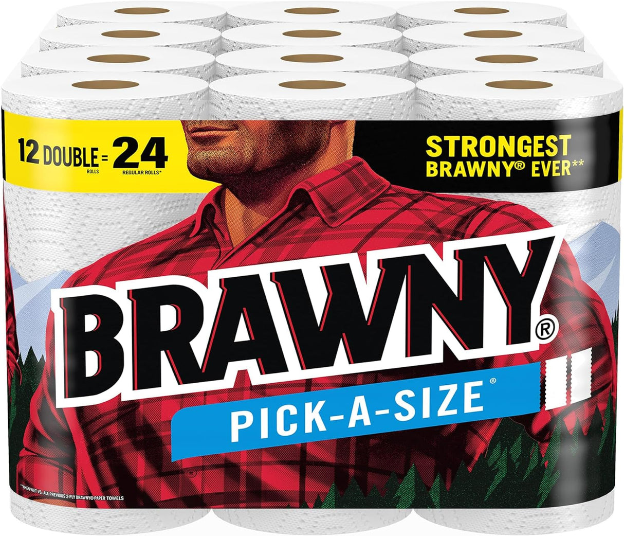 Brawny Tear-A-Square Paper Towels, 12 Double Rolls = 24 Regular Rolls, 3 Sheet Sizes (Quarter, Half, Full), Strength for All Messes, Cleanups, and Meal Prep