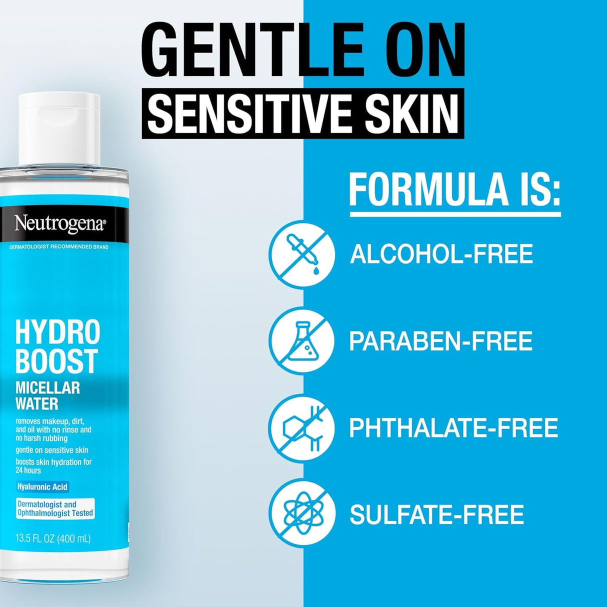 Neutrogena Hydro Boost Micellar Water with Hydrating Hyaluronic Acid, Micellar Cleansing Water for Sensitive Skin Removes Makeup, Dirt & Oil, Non-Comedogenic & Alcohol-Free, 13.5 Fl. Oz