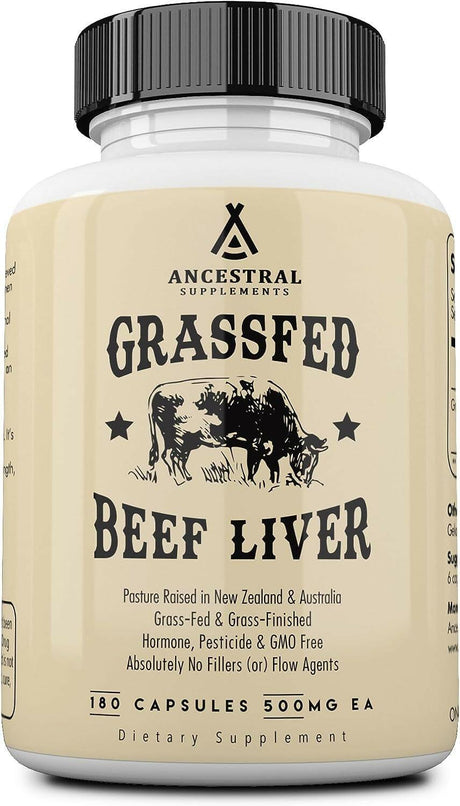 Ancestral Supplements Grass Fed Beef Liver Capsules, Supports Energy Production, Cleansing, Digestion, Immunity and Full Body Wellness, Non GMO, Freeze Dried Liver Support Supplement, 180 Capsules - Supply Center USA