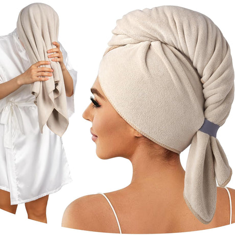 100% Microfiber Hair Towel, 41" X 22" Super Absorbent Hair Care Towel, Ultra Soft Hair Towel Wrap with Elastic Loop, Large Curly Hair Towel for Women Long, Thick Hair, Camel