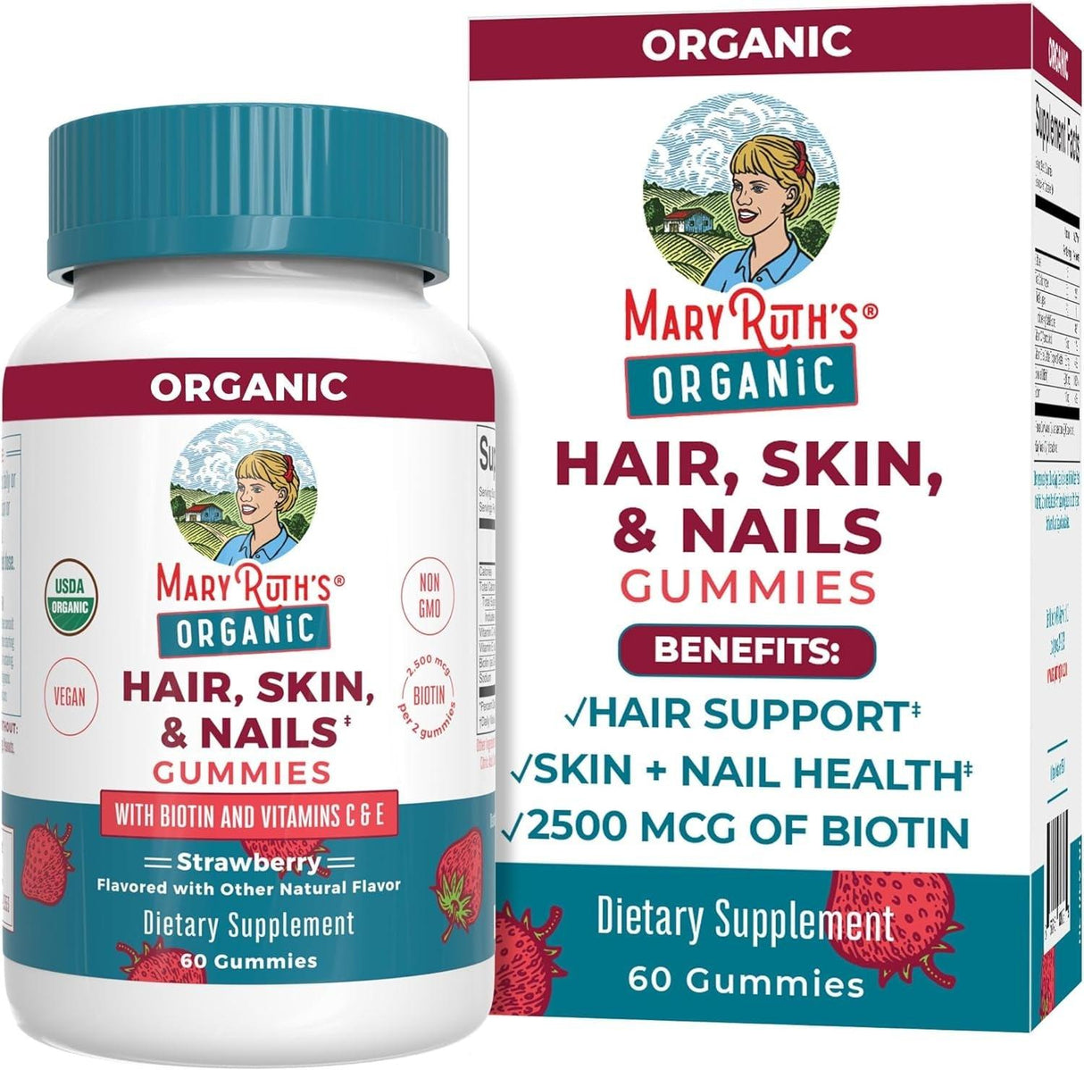 Maryruth Organics Hair Skin and Nail | USDA Organic | Biotin Gummy with Vitamin C and E | for Ages 14+ | 60 Count - Supply Center USA