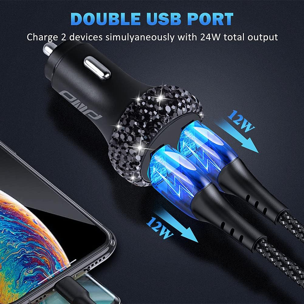 Dual USB Car Charger Quick Charge 3.0 Car Adapter Fast Charging Charger Compatible with Iphone 11/11Pro/ Max/Xs/Xr/X/10,Ipad,Samsung S10/S10+/S9,Google Pixel 4/4 XL Etc,Bling Car Decor,Black