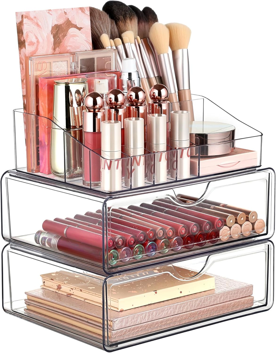 Vtopmart 3 Tier Clear Makeup Organizer with Drawer, Cosmetic Storage for Dresser Countertop and Bathroom Vanity, Beauty Holder for Lipstick Brush Skincare