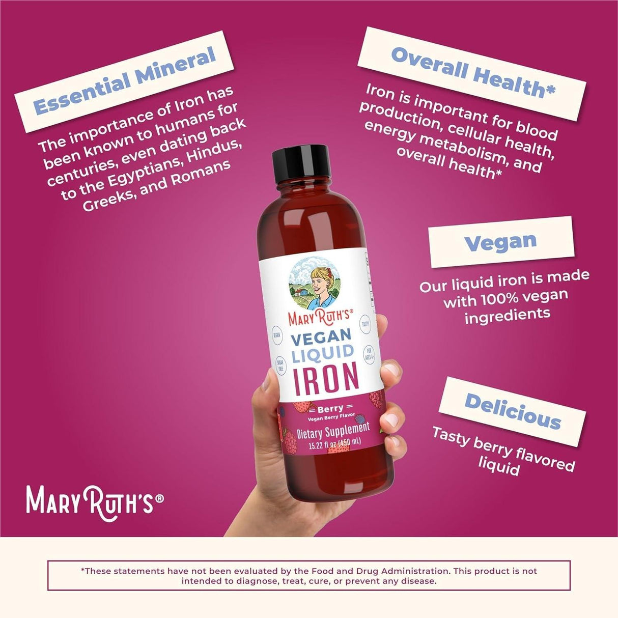 Maryruth Organics Liquid Iron Supplement for Women Men & Kids, Iron for Healthy Blood & Oxygen, Immune Support, Sugar Free, Vegan, Non-Gmo, Gluten Free, 15.22 Fl Oz - Supply Center USA