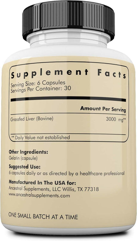 Ancestral Supplements Grass Fed Beef Liver Capsules, Supports Energy Production, Cleansing, Digestion, Immunity and Full Body Wellness, Non GMO, Freeze Dried Liver Support Supplement, 180 Capsules - Supply Center USA