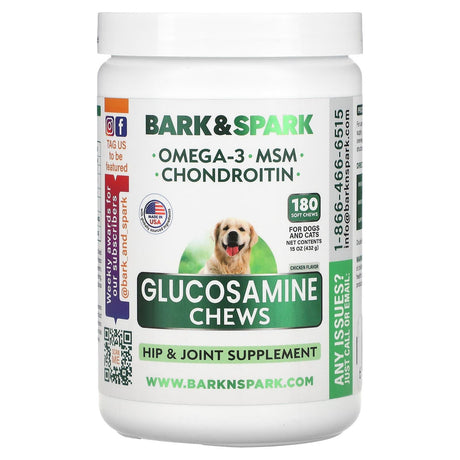 Bark&Spark, Glucosamine Chews, For Dogs and Cats, Chicken , 180 Soft Chews, 15 oz (432 g) - Supply Center USA