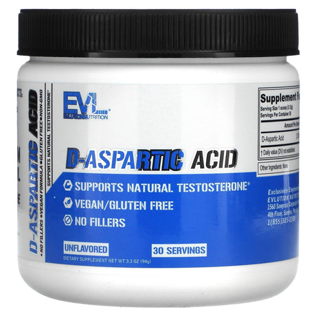 EVLution Nutrition, D-Aspartic Acid, Unflavored, 3.3 oz (94 g) - Supply Center USA