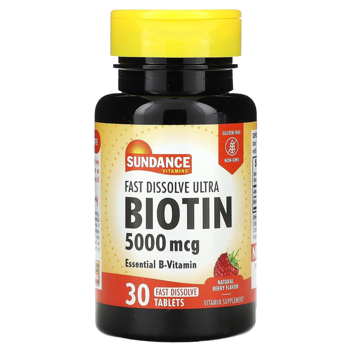 Sundance Vitamins, Fast Dissolve Ultra Biotin, Natural Berry, 5,000 mcg, 30 Fast Dissolve Tablets - Supply Center USA