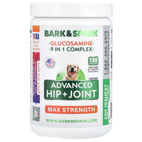 Bark&Spark, Glucosamine, Advanced Hip + Joint, Max Strength, For Dogs, Bacon, 120 Soft Chews - Supply Center USA