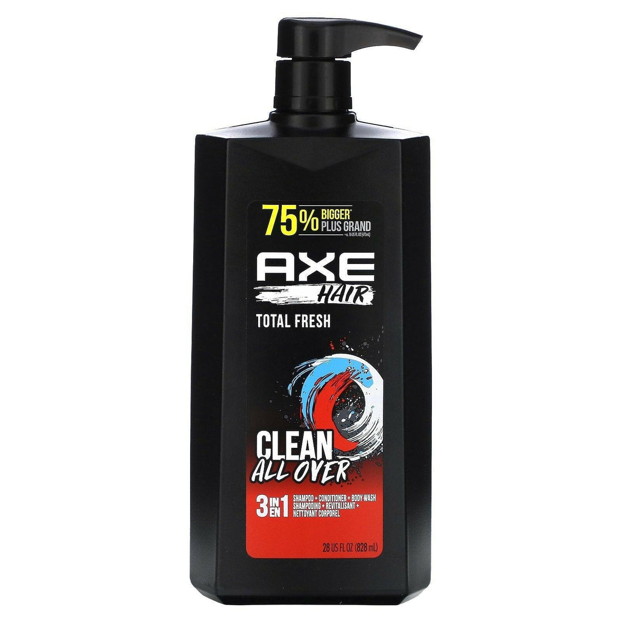 Axe, Hair, Clean All Over, 3 in 1 Shampoo + Conditioner + Body Wash, Total Fresh, 28 fl oz (828 ml) - Supply Center USA