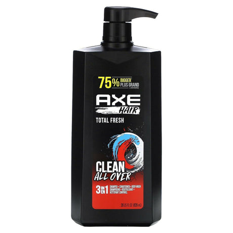 Axe, Hair, Clean All Over, 3 in 1 Shampoo + Conditioner + Body Wash, Total Fresh, 28 fl oz (828 ml) - Supply Center USA