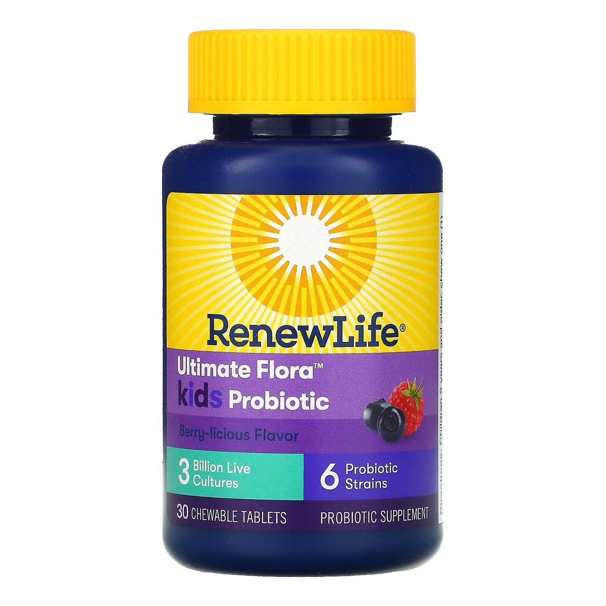 Renew Life, Ultimate Flora, Kids Probiotic, Berry-licious, 3 Billion Live Cultures, 30 Chewable Tablets - Supply Center USA