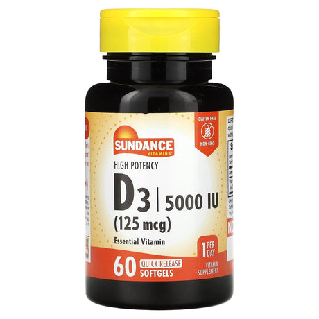 Sundance Vitamins, High Potency D3, 125 mcg (5,000 IU), 60 Quick Release Softgels - Supply Center USA