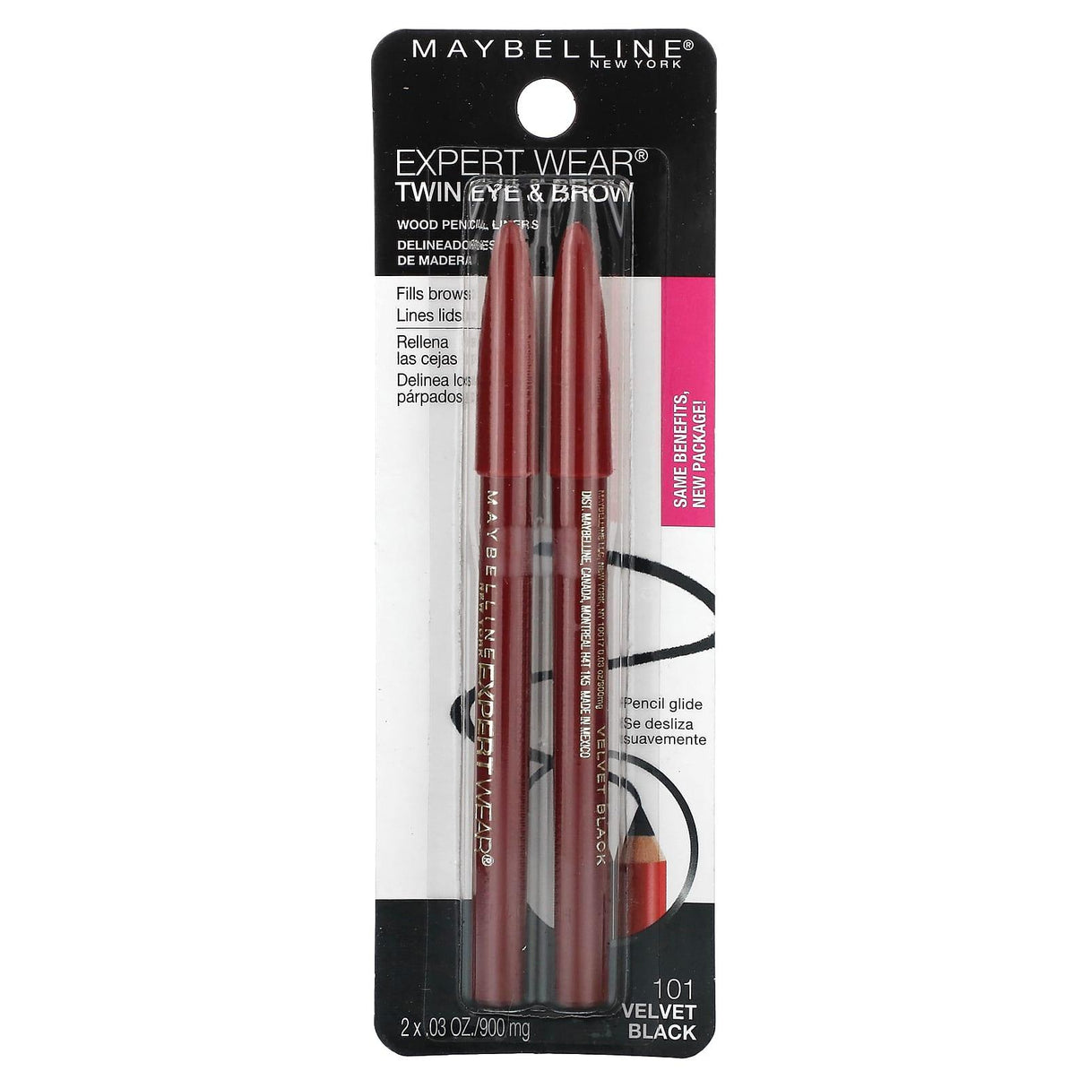 Maybelline, Expert Wear, Twin Eye & Brow, 101 Velvet Black, 2 Pencils, .03 oz (900 mg) Each - Supply Center USA