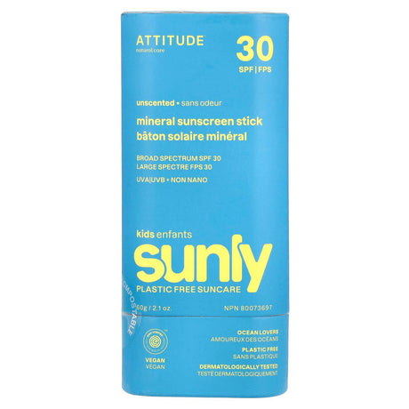 ATTITUDE, Sunly, Mineral Sunscreen Stick, For Kids, SPF 30, Unscented, 2.1 oz (60 g) - Supply Center USA