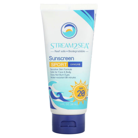 Stream2Sea, Sunscreen, Sport, SPF 20, 3 fl oz (90 ml) - Supply Center USA