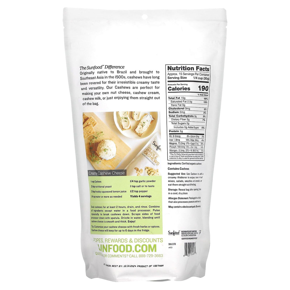 Sunfood, Raw Organic Whole Cashews, 8 oz (227 g) - Supply Center USA