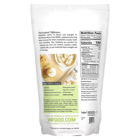 Sunfood, Raw Organic Whole Cashews, 8 oz (227 g) - Supply Center USA