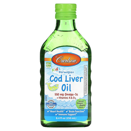 Carlson, Kids Cod Liver Oil, Natural Green Apple , 550 mg, 8.4 fl oz (250 ml) - Supply Center USA