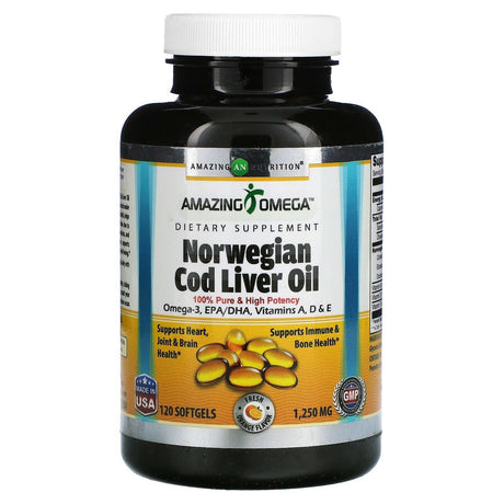 Amazing Nutrition, Norwegian Cod Liver Oil, Orange, 1,250 mg, 120 Softgels - Supply Center USA