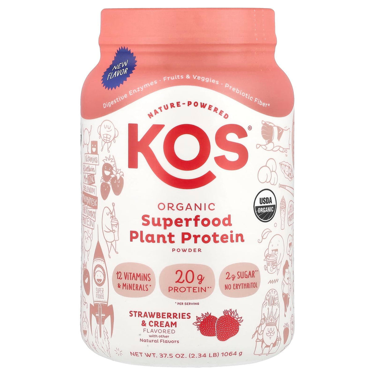 KOS, Organic Superfood Plant Protein Powder, Strawberries & Cream, 2.34 lb (1,064 g) - Supply Center USA