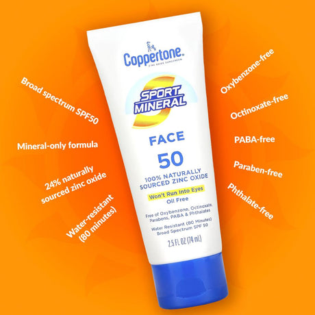 Coppertone, Sport Mineral, Sunscreen Lotion, Face, SPF 50, Oil Free, 2.5 fl oz (74 ml) - Supply Center USA