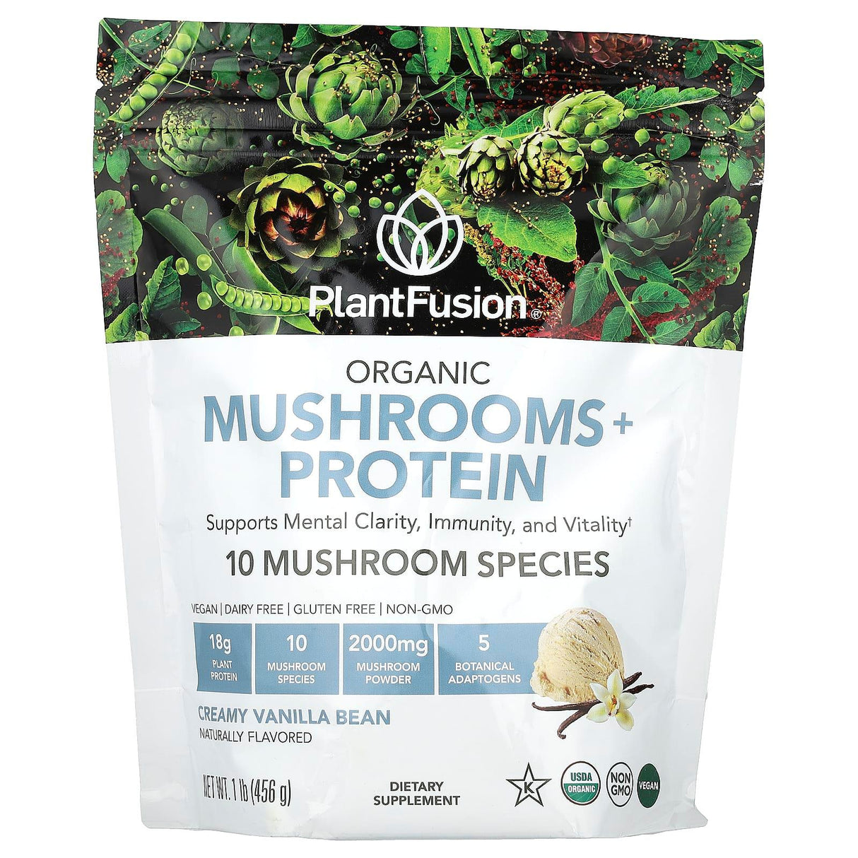 PlantFusion, Organic Mushrooms + Protein, Creamy Vanilla Bean, 1 lb (456 g) - Supply Center USA