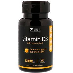 Sports Research, Vitamin D3 with Coconut Oil, 125 mcg (5,000 IU), 30 Softgels - Supply Center USA