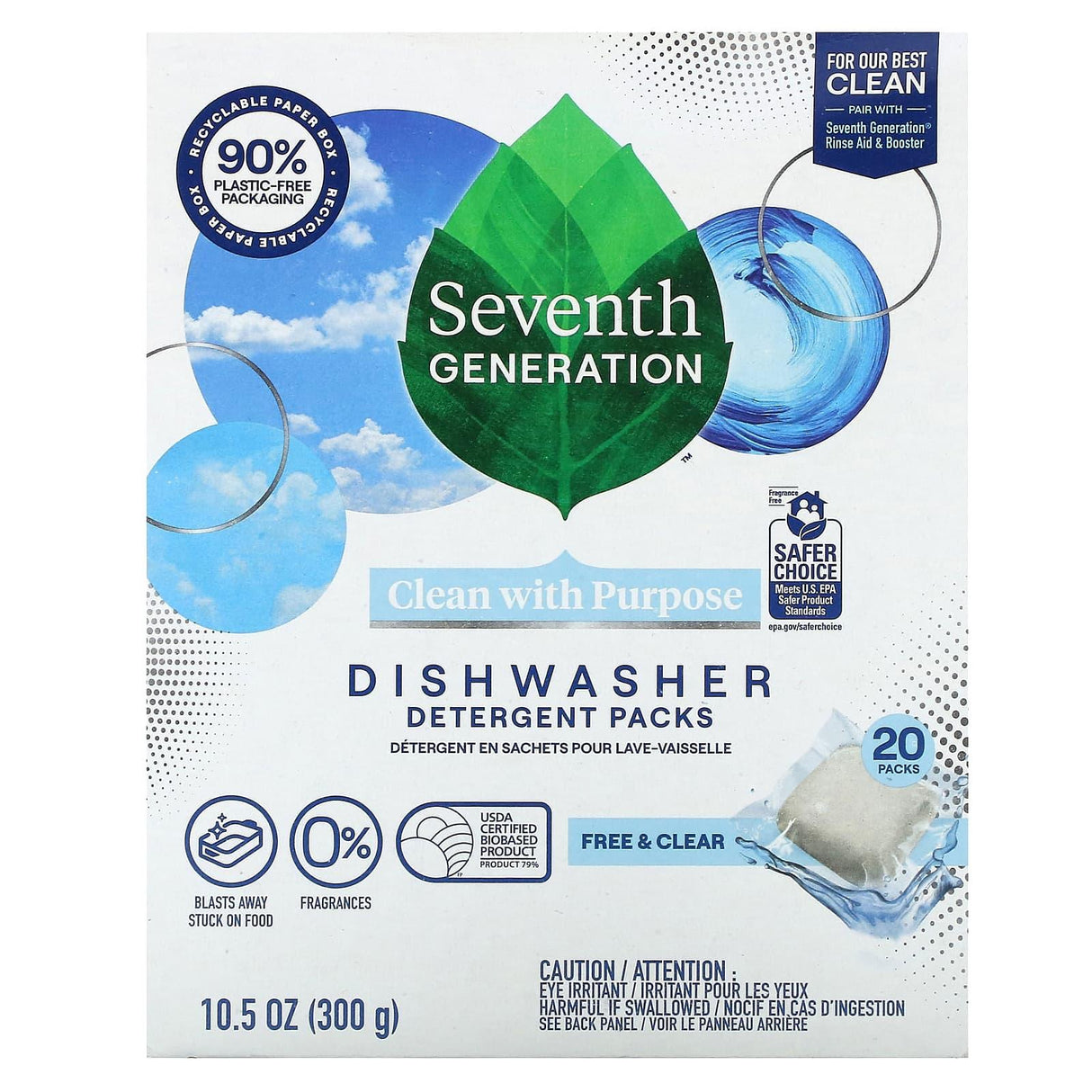 Seventh Generation, Dishwasher Detergent Packs, Free & Clear, Fragrance Free , 20 Packs, 10.5 oz (300 g) - Supply Center USA