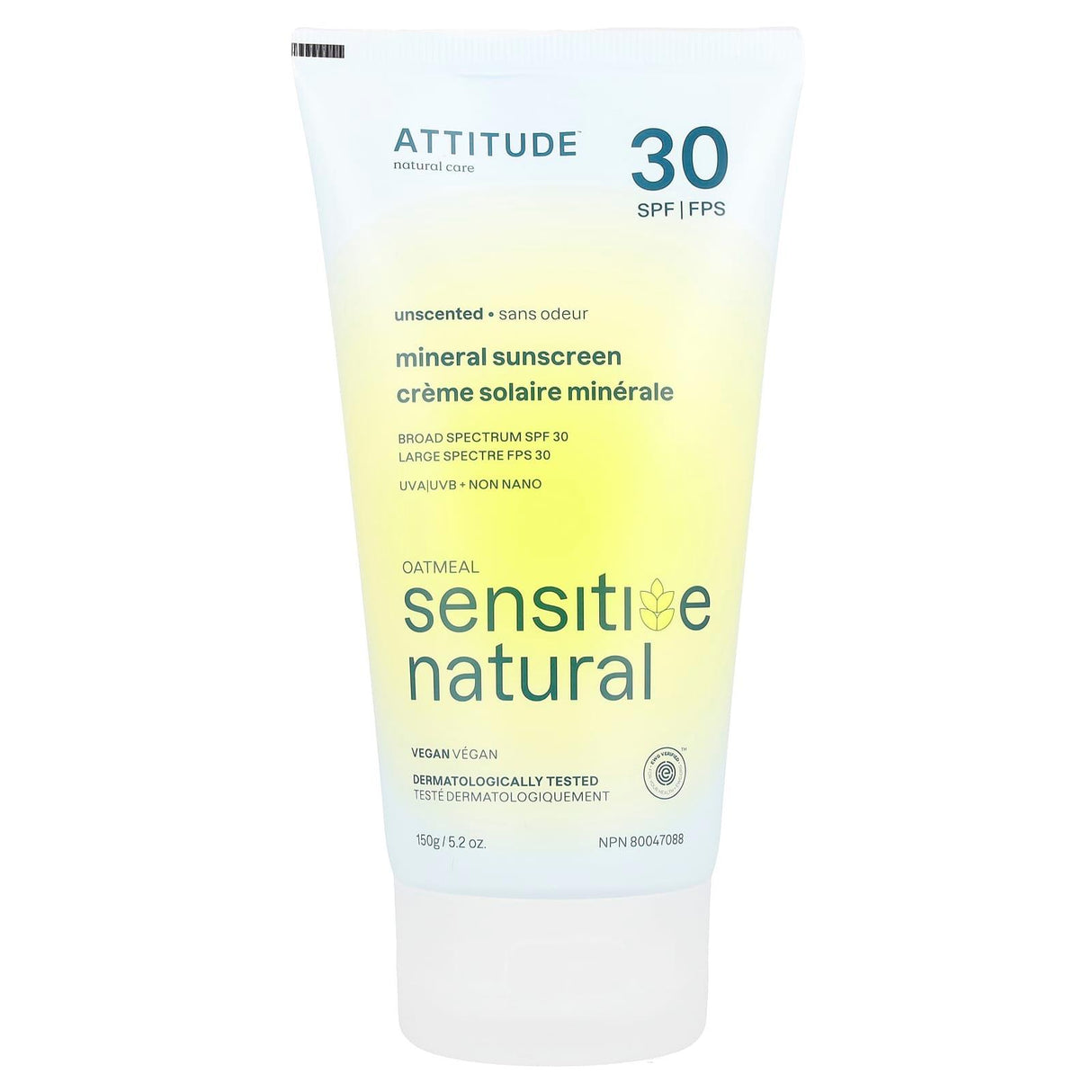 ATTITUDE, Mineral Sunscreen, Oatmeal Sensitive Natural, SPF 30, Unscented, 5.2 oz (150 g) - Supply Center USA