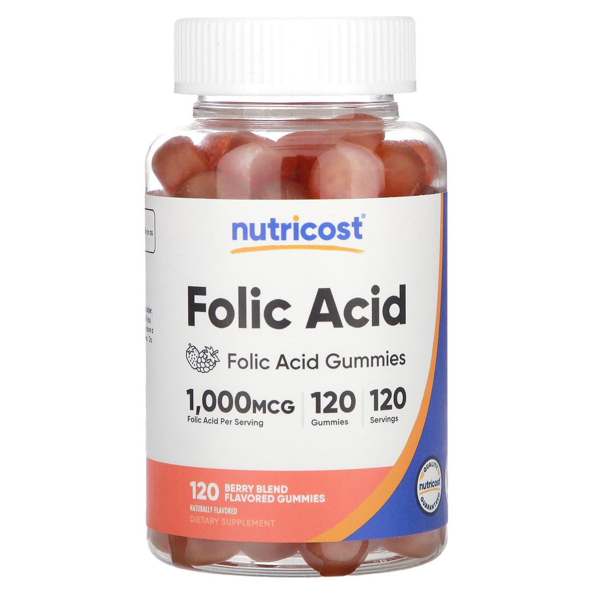 Nutricost, Folic Acid Gummies, Berry Blend, 1,000 mcg, 120 Gummies - Supply Center USA