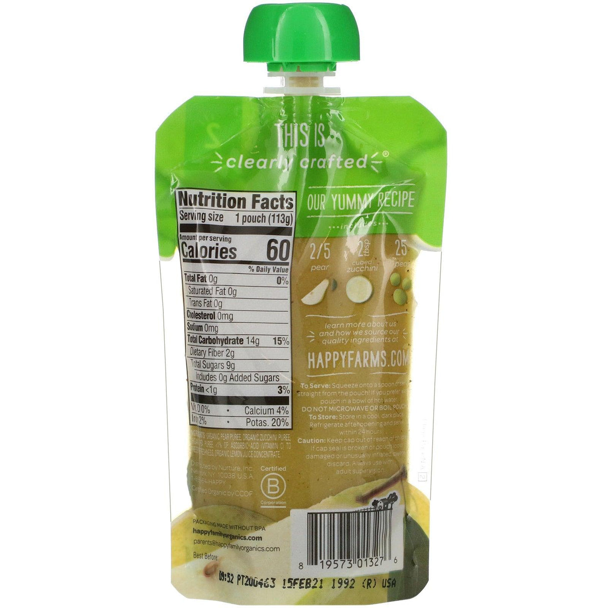 Happy Family Organics, Happy Baby, Organic Baby Food, 6+ Months, Pears, Zucchini & Peas, 4 oz (113 g) - Supply Center USA