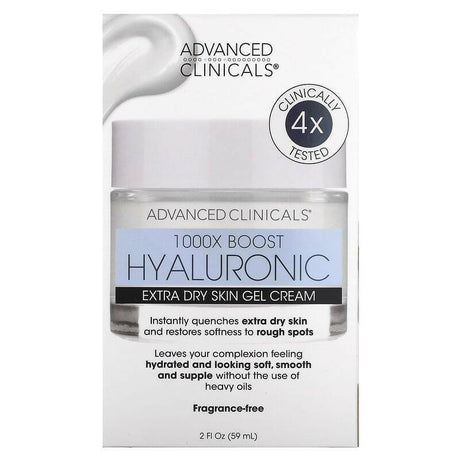 Advanced Clinicals, 1000X Boost Hyaluronic, Extra Dry Skin Gel Cream, Fragrance Free, 2 fl. oz. (59 ml) - Supply Center USA