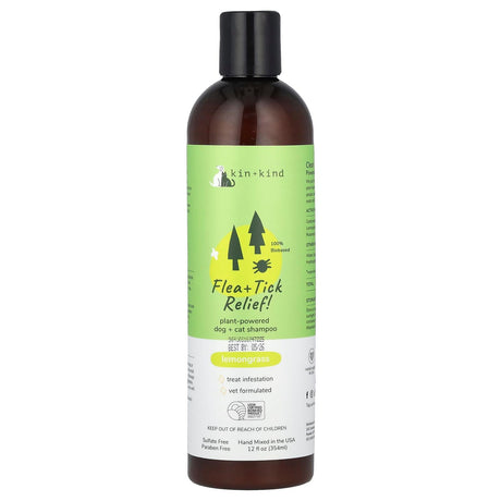 Kin+Kind, Flea + Tick Relief!, Plant-Powered Dog + Cat Shampoo, Lemongrass, 12 fl oz (354 ml) - Supply Center USA