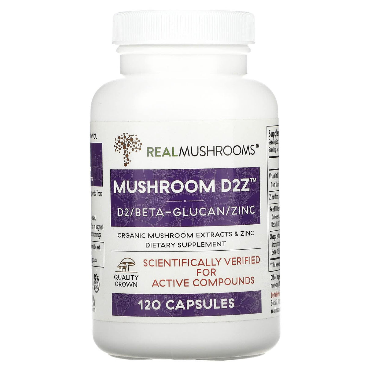 Real Mushrooms, Mushroom D2Z, D2/Beta Glucan/Zinc, 120 Capsules - Supply Center USA