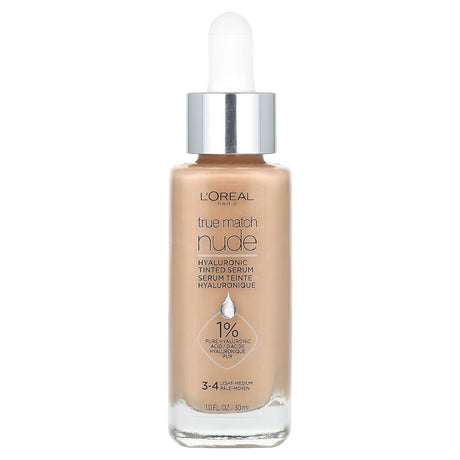 L'Oréal, True Match Nude, Hyaluronic Tinted Serum, 3-4 Light-Medium, 1 fl oz (30 ml) - Supply Center USA