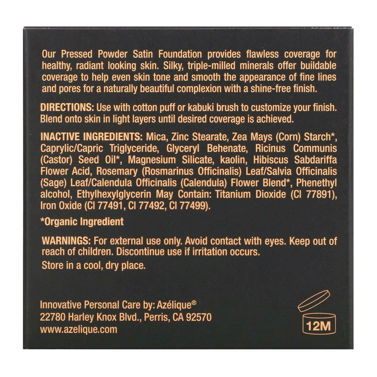 Azelique, Pressed Powder Satin Foundation, Tan-Deep, Cruelty-Free, Certified Vegan, 0.35 oz (10 g) - Supply Center USA