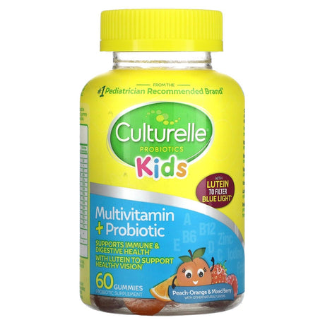 Culturelle, Kids Probiotics, Multivitamin + Probiotic, Peach-Orange & Mixed Berry, 60 Gummies - Supply Center USA