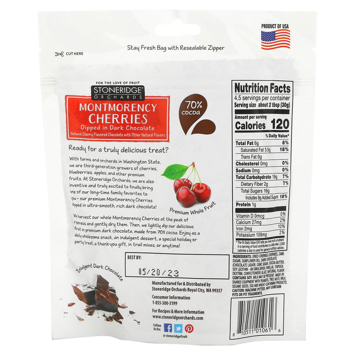 Stoneridge Orchards, Montmorency Cherries, Dipped in Dark Chocolate, 70% Cocoa, 5 oz (142 g) - HealthCentralUSA